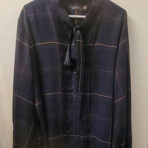 Lauren Ralph Lauren Navy Plaid Tie-Neck Blouse